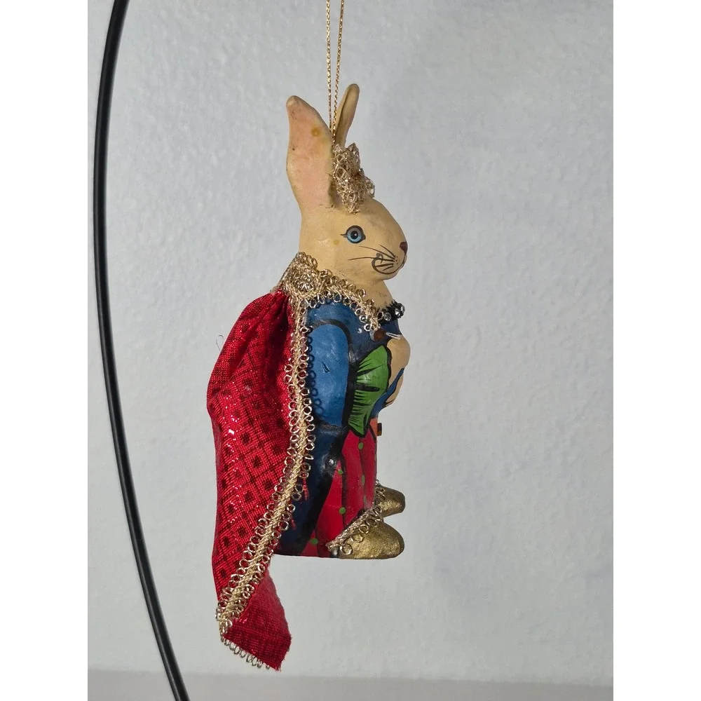 Vtg Hand Painted Papier Mache Bunny Rabbit Ornament Red Cape Rhinestone Collar